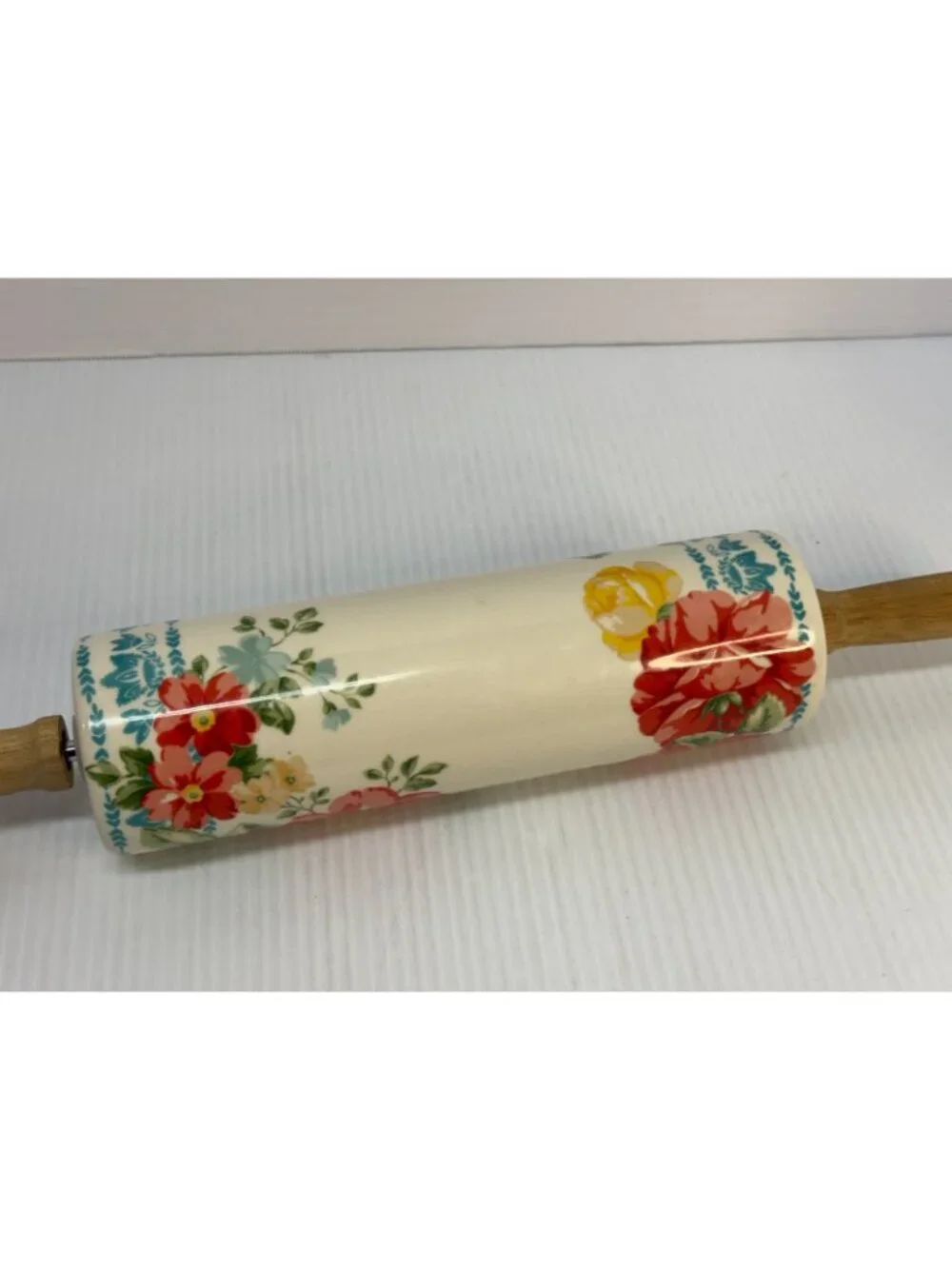 Pioneer Woman Rolling Pin Retired Vintage Flower Pattern Ceramic Wooden Handles